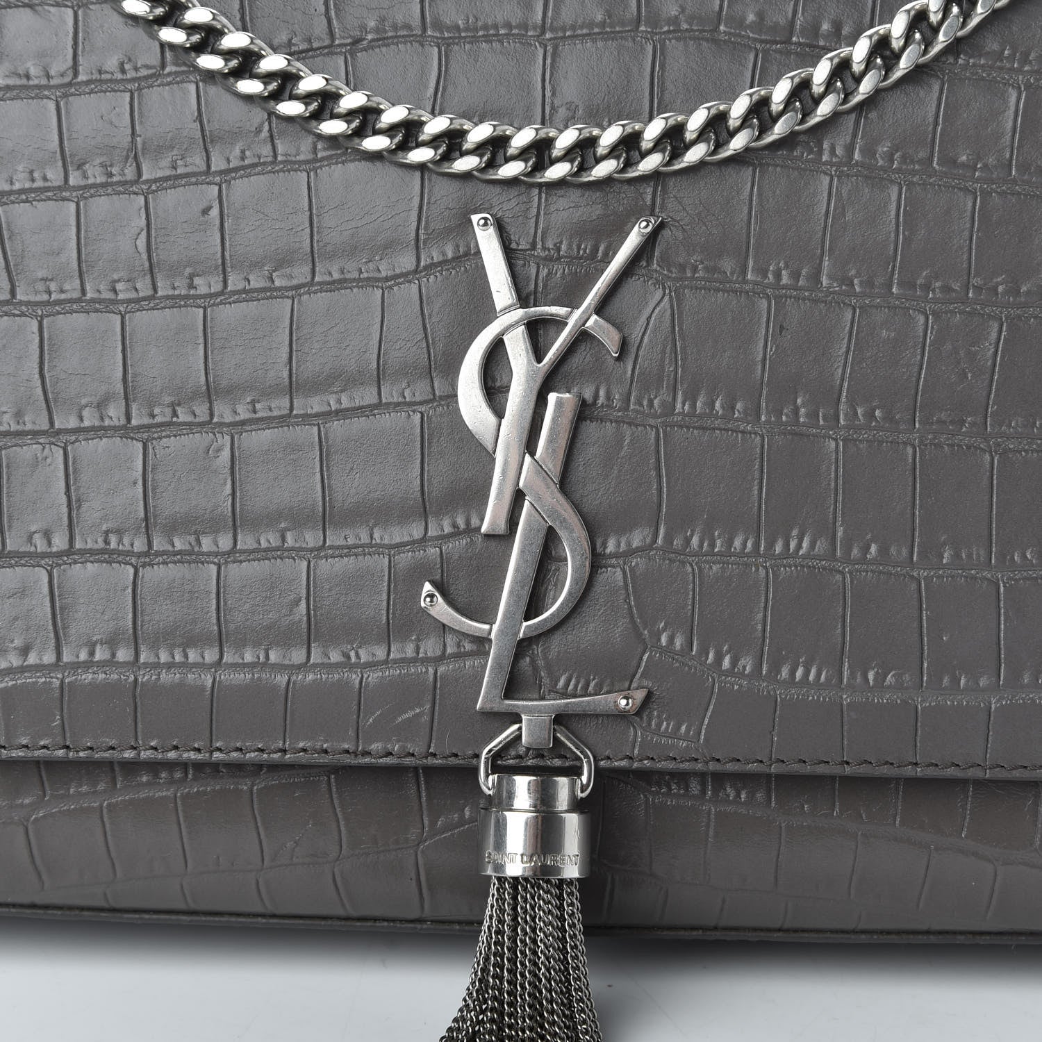 Saint Laurent Calfskin Crocodile Embossed Medium Classic Monogram Kate Tassel Satchel Fog 9 of 9
