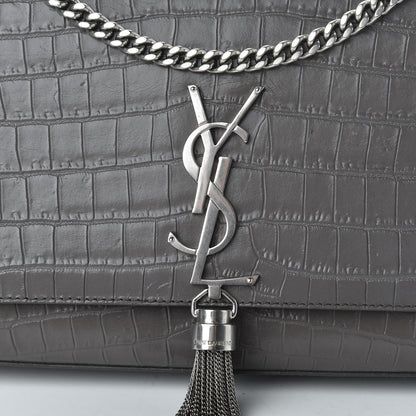 Saint Laurent Calfskin Crocodile Embossed Medium Classic Monogram Kate Tassel Satchel Fog 9 of 9