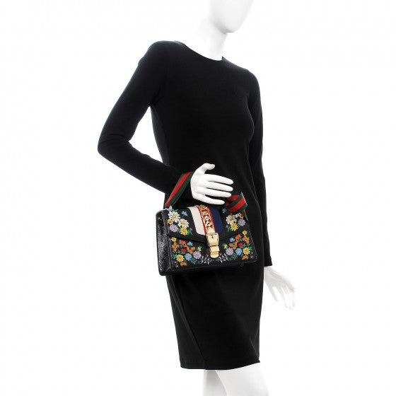 Calfskin Embroidered Small Sylvie Shoulder Bag Black