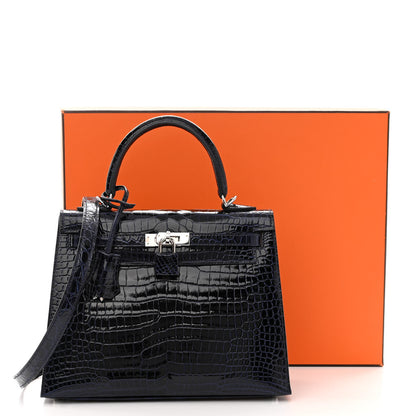 Hermes Shiny Porosus Crocodile Kelly Sellier 25 Bleu Marine 11 of 11