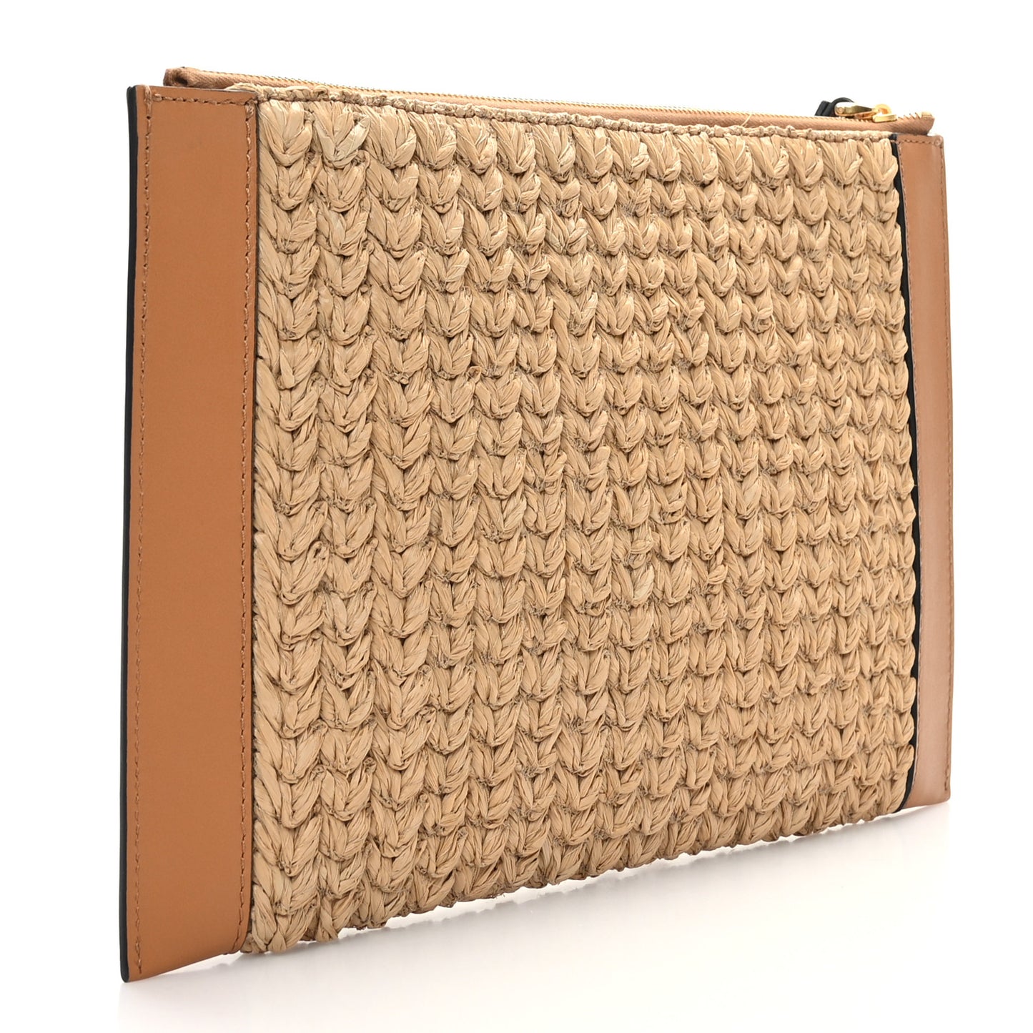 Raffia Calfskin Vlogo Zip Pouch Naturale Brown