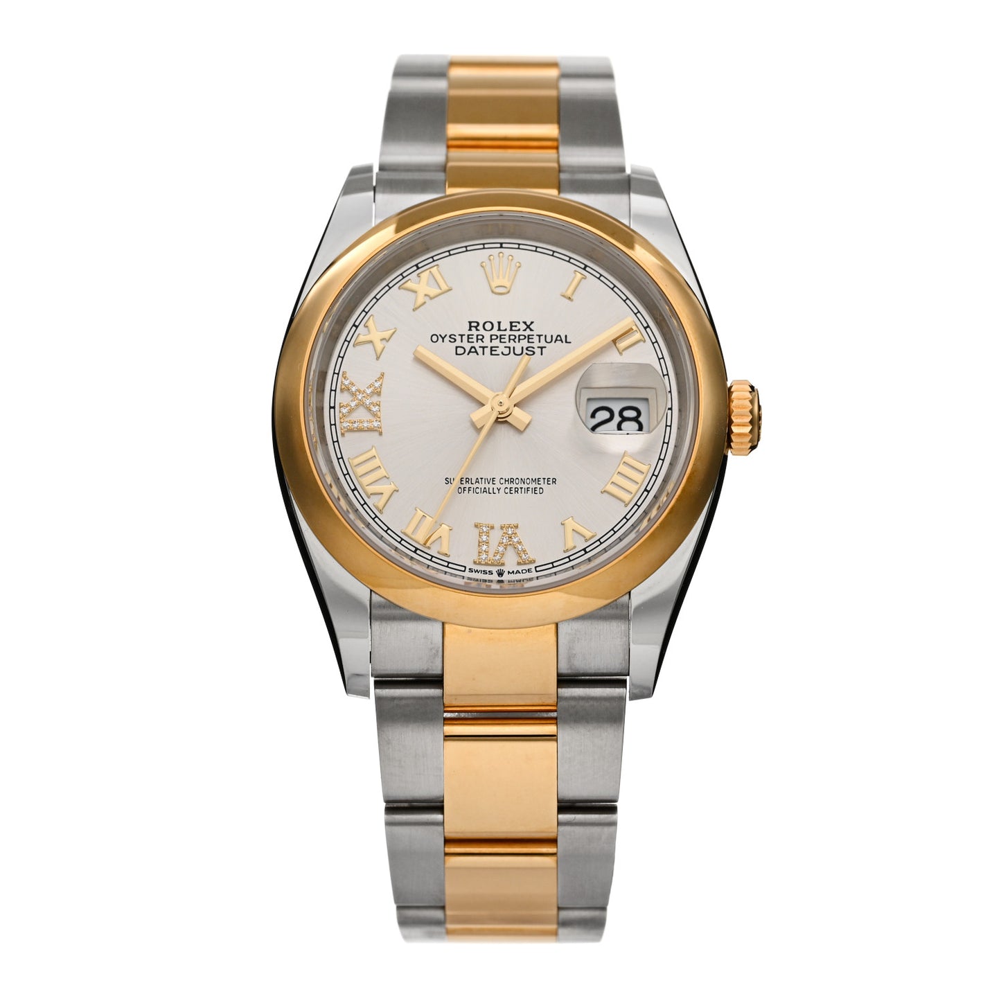 Stainless Steel 18K Yellow Gold Diamond 36mm Oyster Perpetual Datejust Watch Silver Roman 126203