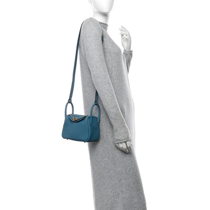 Hermes Taurillon Clemence Mini Lindy 20 Bleu Jean 2 of 10