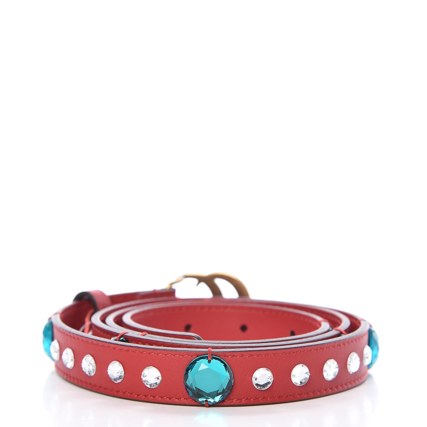 Gucci Calfskin Crystal Embellished Double G Belt 95 38 Hibiscus Red 3 of 6
