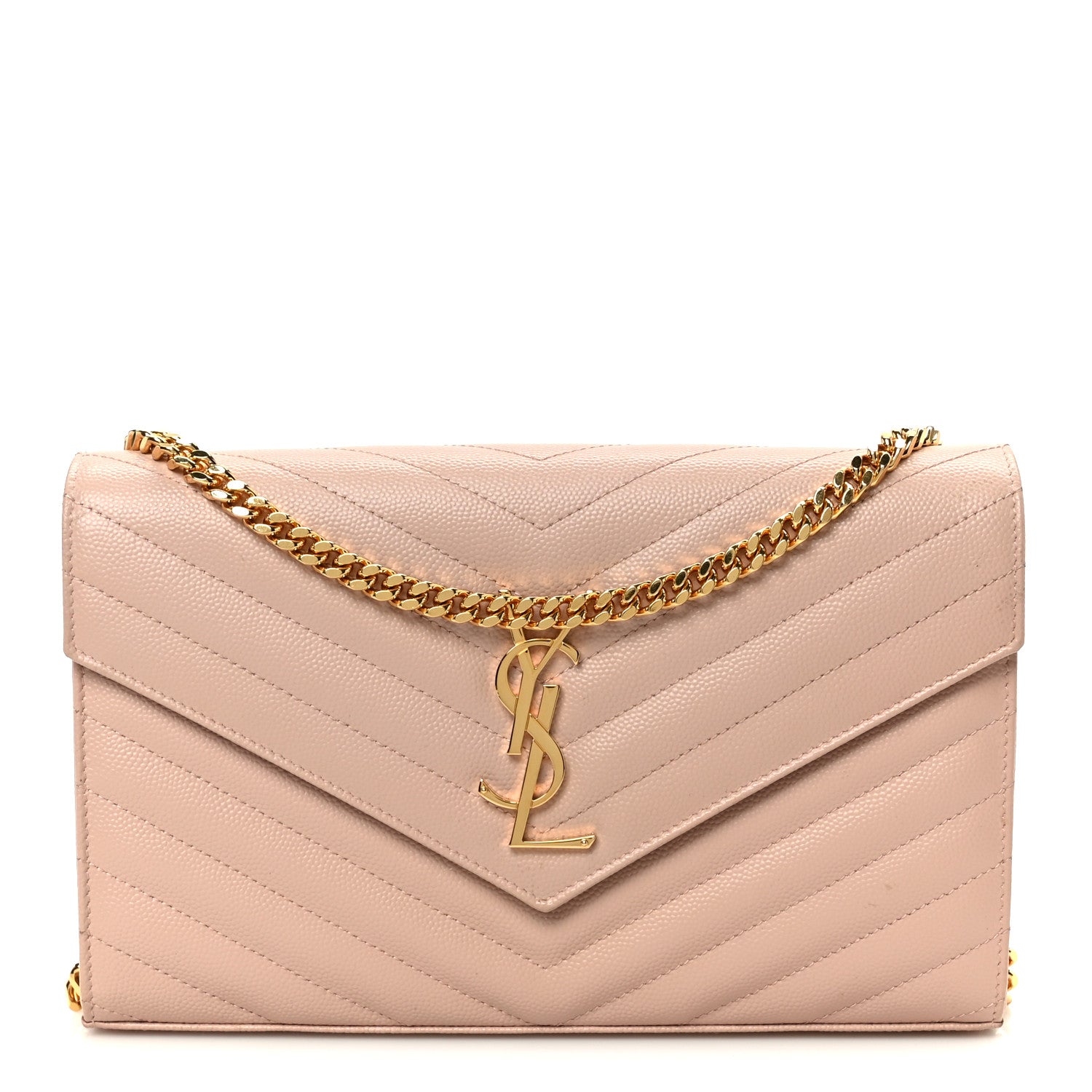 Saint Laurent Grain De Poudre Matelasse Chevron Monogram Chain Wallet Pale Pink 1 of 11