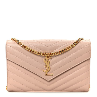 Saint Laurent Grain De Poudre Matelasse Chevron Monogram Chain Wallet Pale Pink 1 of 11