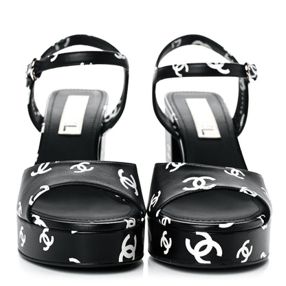 Chanel Printed Lambskin Coco Beach Platform Sandals 39 Black White 2 of 9
