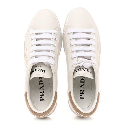 Prada Vitello Soft Scamosciato Triangle Sneakers 37 White Deserto 2 of 10