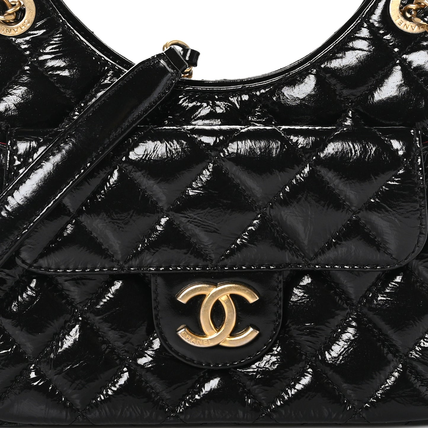 Shiny Crumpled Calfskin Quilted Small Wavy CC Hobo Black