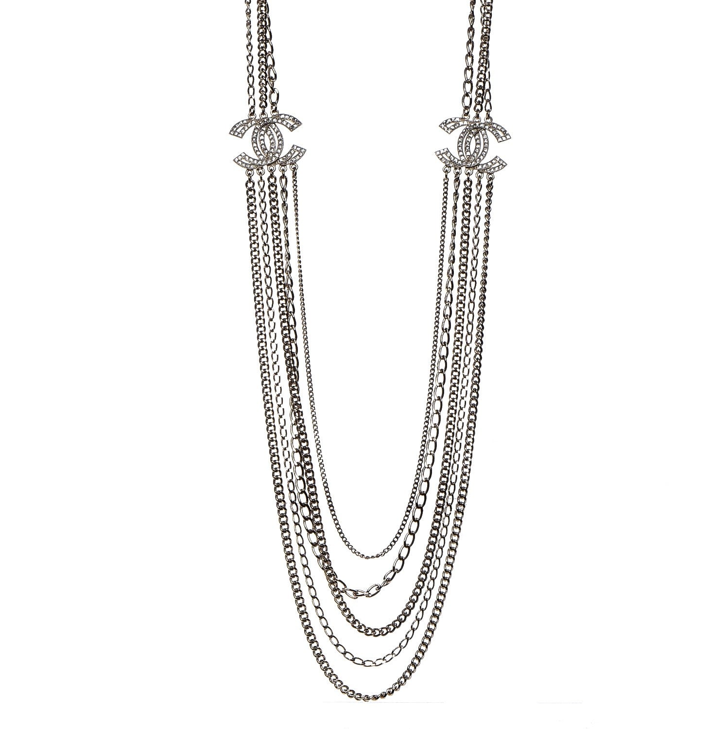 Chanel Multi Strand Chain Baguette Crystal CC Necklace Gold 1 of 6