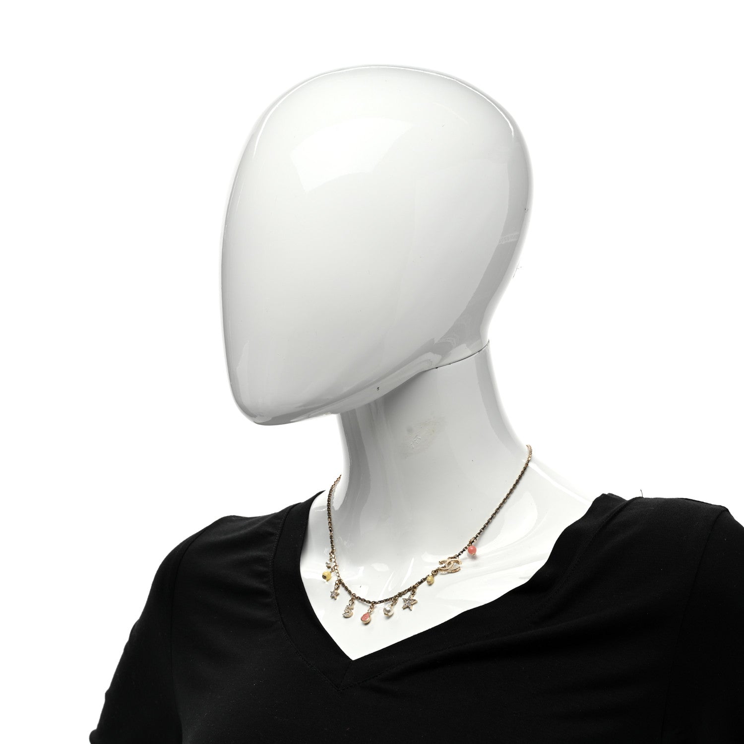 Chanel Metal Resin Pearl Crystal 5 CC Charm Necklace Gold Pink White 2 of 5