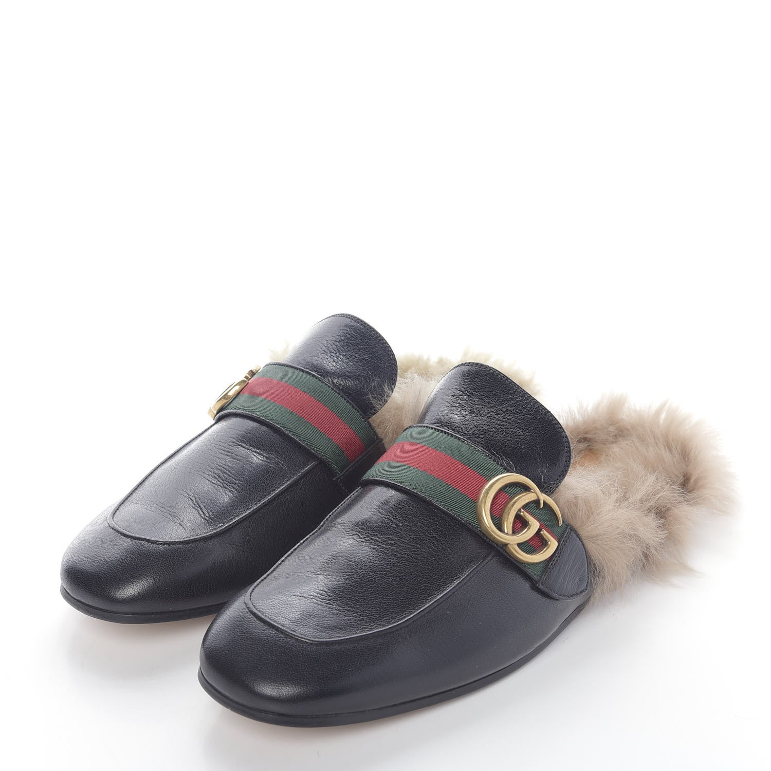 Gucci Goatskin Fur Web GG Mens Princetown Slippers 8 Black 3 of 8