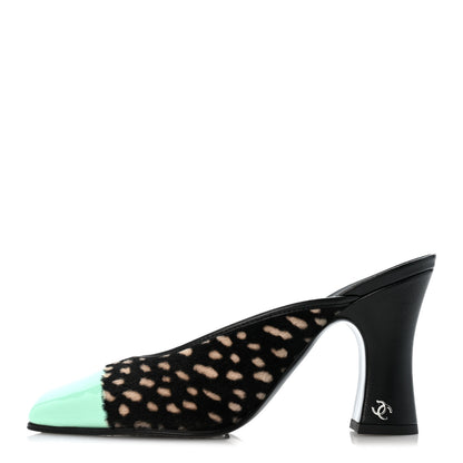 Chanel Pony Hair Lambskin Patent Calfskin Cap Toe Mules 37 Black White Green 1 of 10