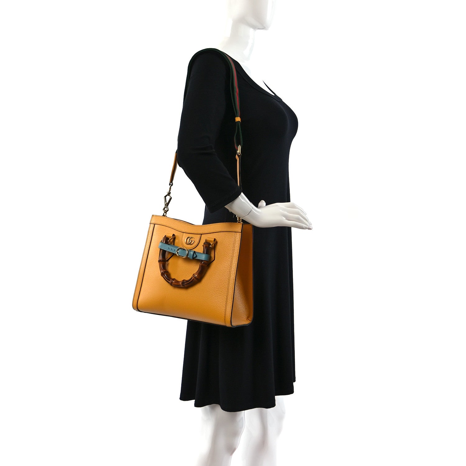 Gucci Textured Dollar Calfskin Web Small Diana Tote Bag Yellow Dusty Azure 2 of 9