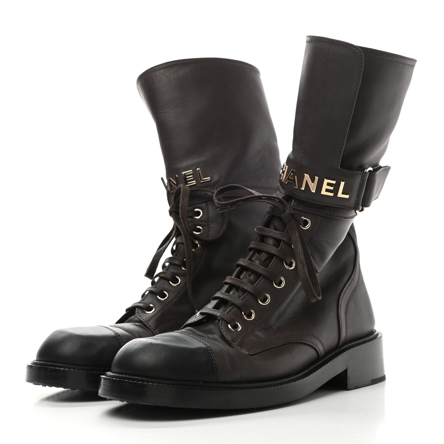 Shiny Calfskin Lace Up Combat Boots 38.5 Dark Brown Black
