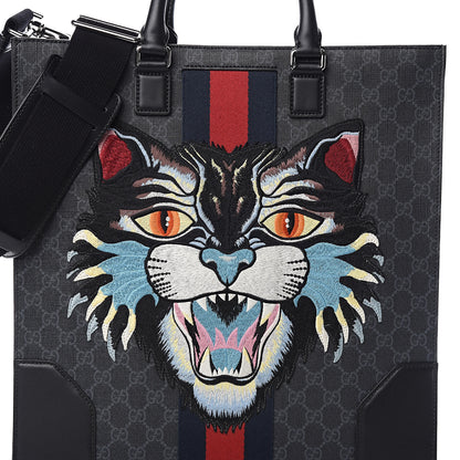 Gucci GG Supreme Monogram Web Angry Cat Embroidered Vertical Tote Black Grey 11 of 11