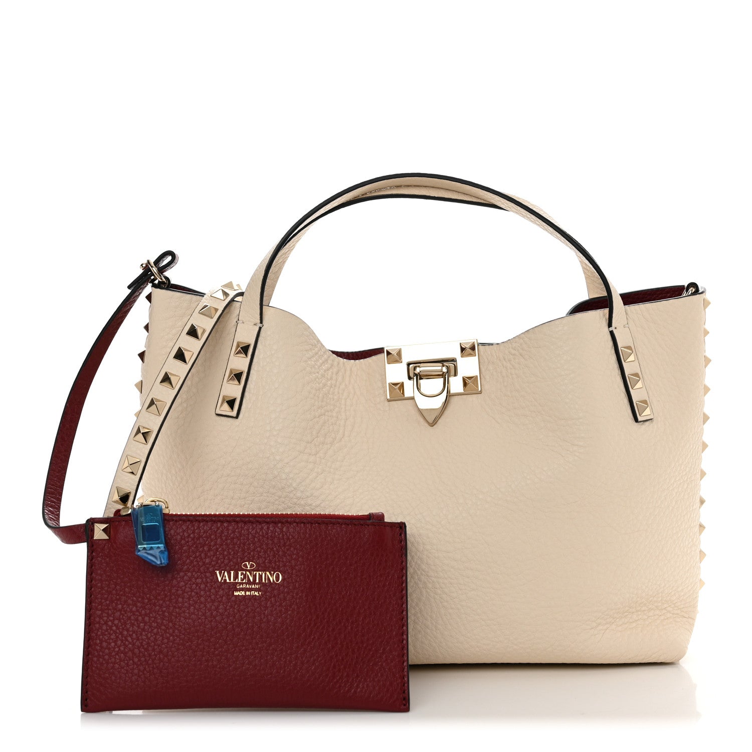 Valentino Garavani Grained Calfskin Small Rockstud Flip Lock Tote Light Ivory Rubino 1 of 12