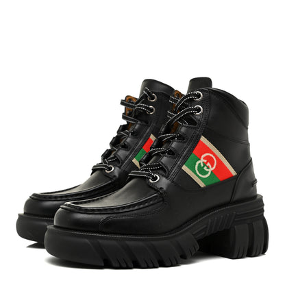 Gucci Quebec Calfskin Web Womens Interlocking G Lace Up Combat Boots 37 Black Mystic White Green Red 3 of 11