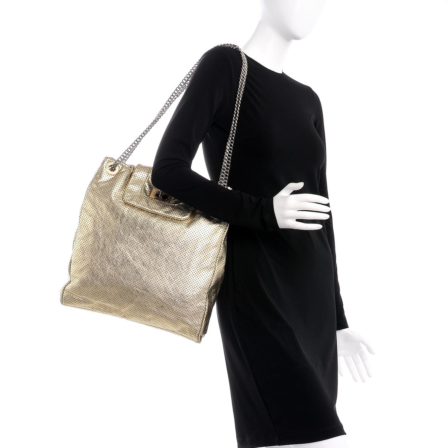 Metallic Crackled Calfskin Perforated Drill Shoulder Bag Gold