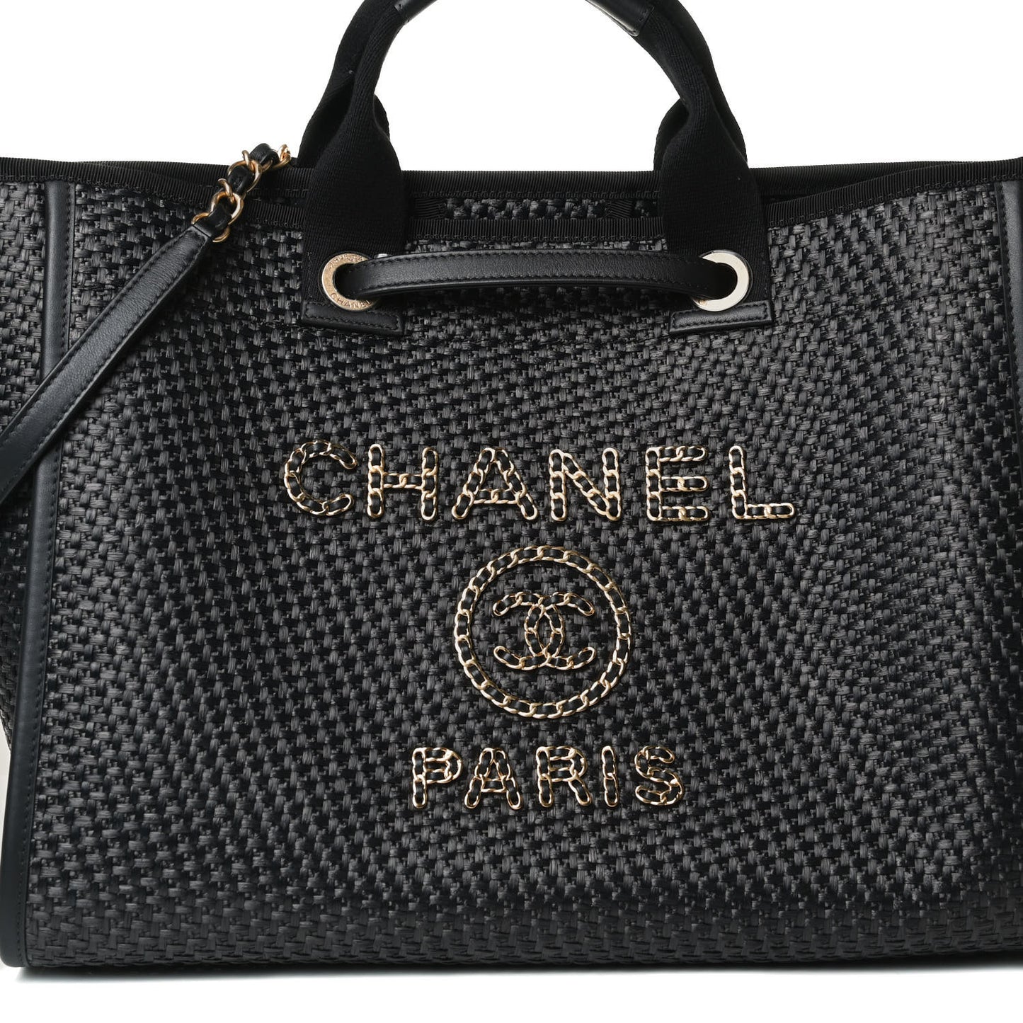 Straw Raffia Calfskin Chain Medium Deauville Tote Black