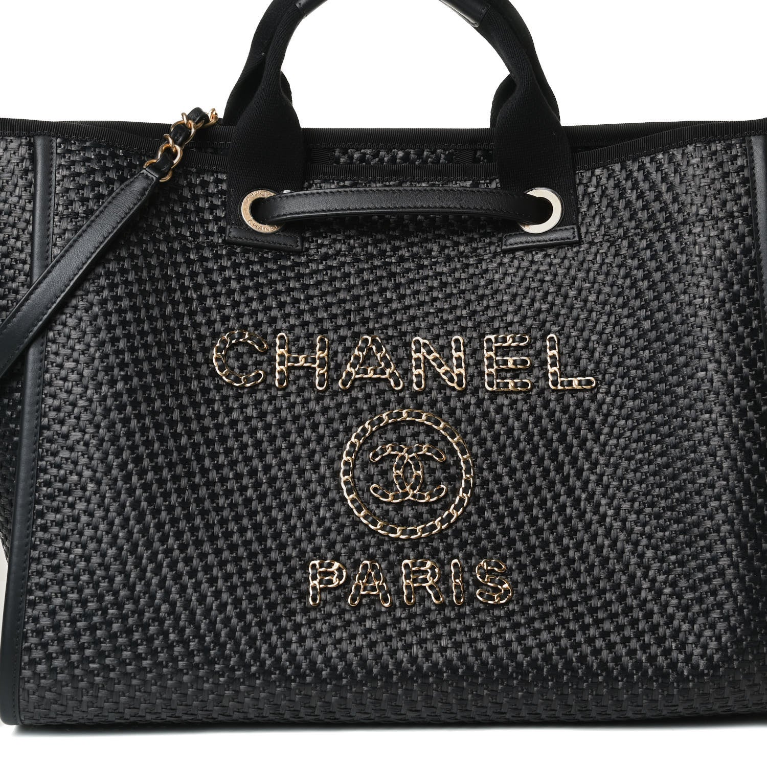 Chanel Straw Raffia Calfskin Chain Medium Deauville Tote Black 6 of 15