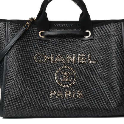 Chanel Straw Raffia Calfskin Chain Medium Deauville Tote Black 6 of 15