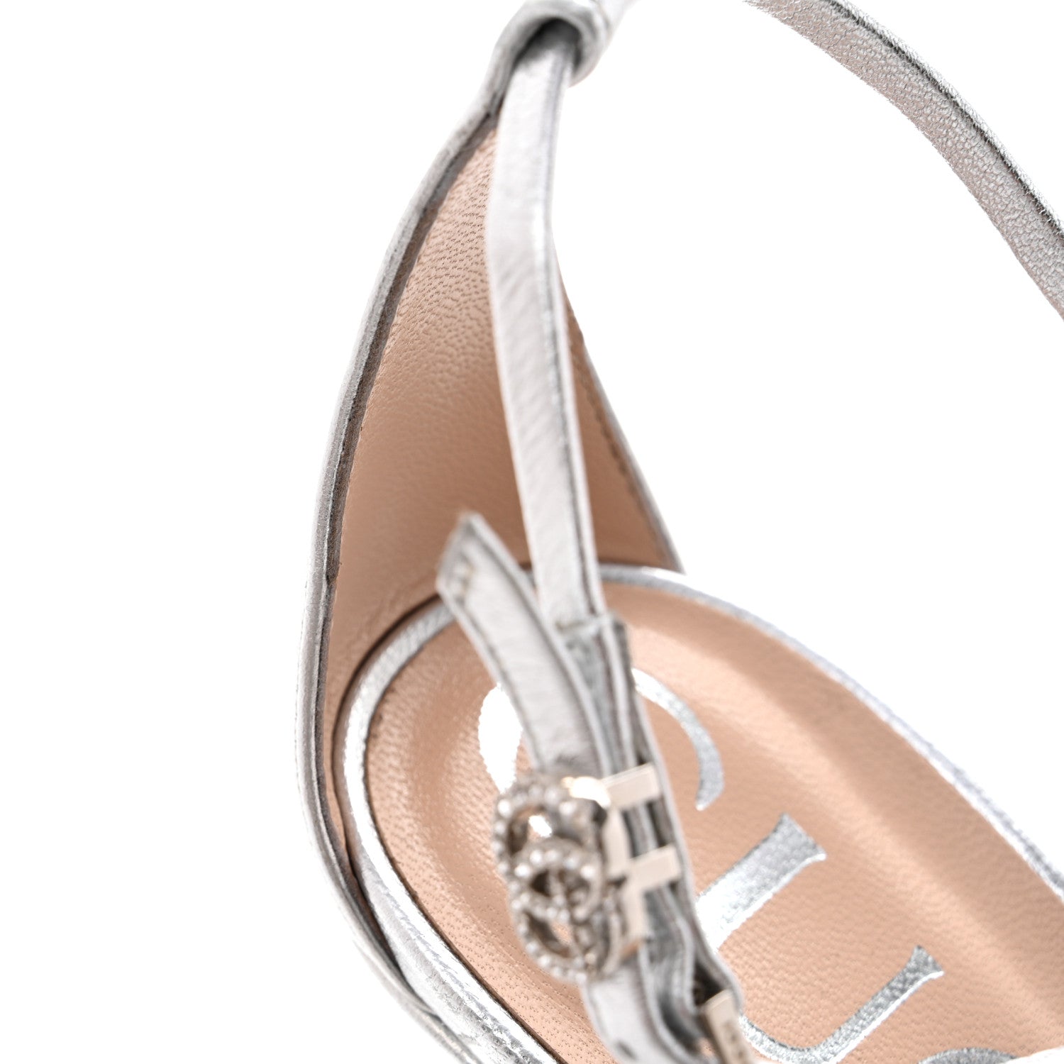 Gucci Nappa Silk Crystal GG Ankle Strap High Heel Sandals 38.5 Argento 11 of 13