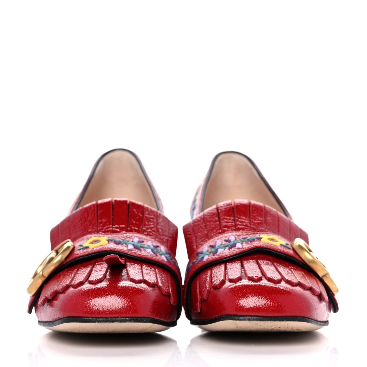 Gucci Skipper Calfskin Floral Embroidered GG Marmont Fringe 50mm Loafer Pumps 35.5 Hibiscus Red 2 of 10