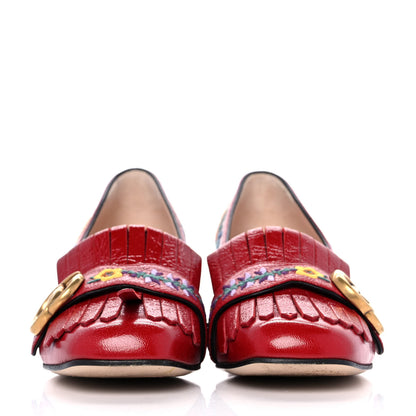 Gucci Skipper Calfskin Floral Embroidered GG Marmont Fringe 50mm Loafer Pumps 35.5 Hibiscus Red 2 of 10