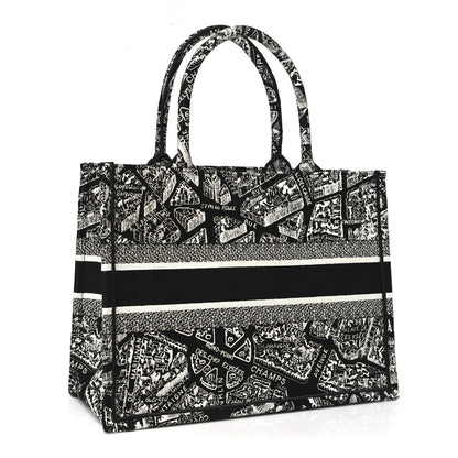 Christian Dior Canvas Embroidered Medium Plan De Paris Book Tote Black White 3 of 10