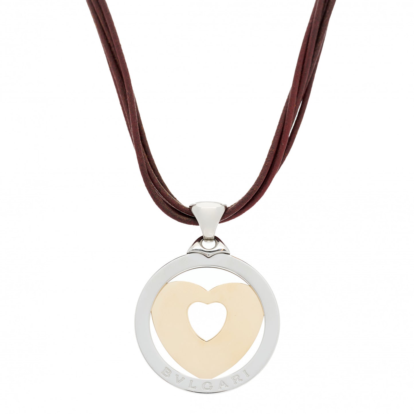 Stainless Steel 18K Yellow Gold Calfskin Tondo Heart Pendant Necklace Brown