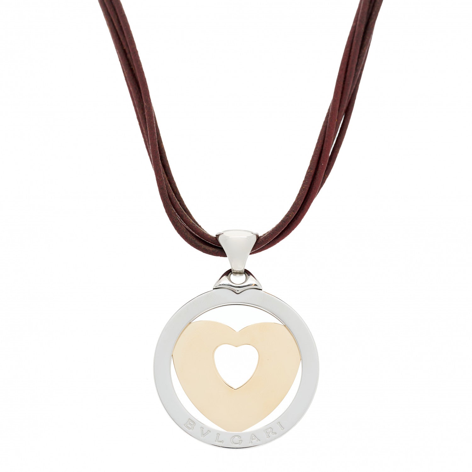 Bulgari Stainless Steel 18K Yellow Gold Calfskin Tondo Heart Pendant Necklace Brown 1 of 8