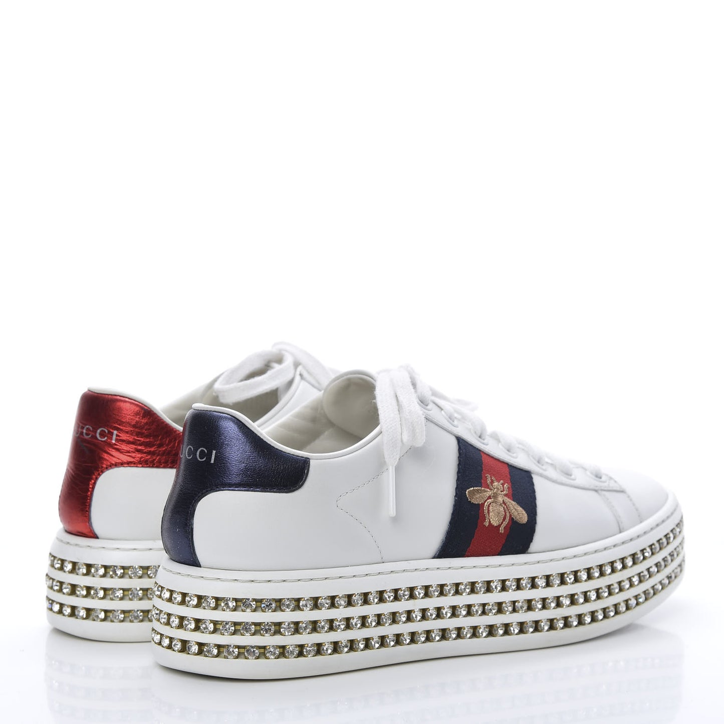 Calfskin Crystal Web Bee Embroidered Womens Ace Platform Sneakers 35.5 White