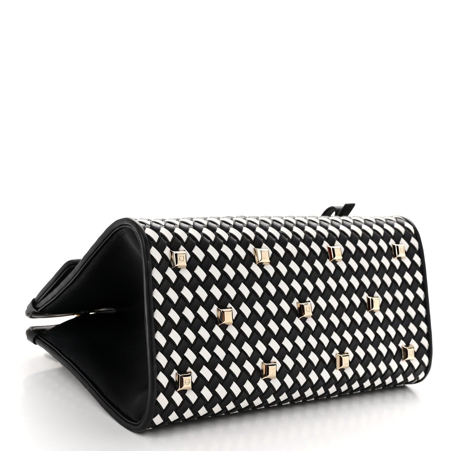 Salvatore Ferragamo Woven Calfskin Medium Studio Top Handle Bag Black White 4 of 9