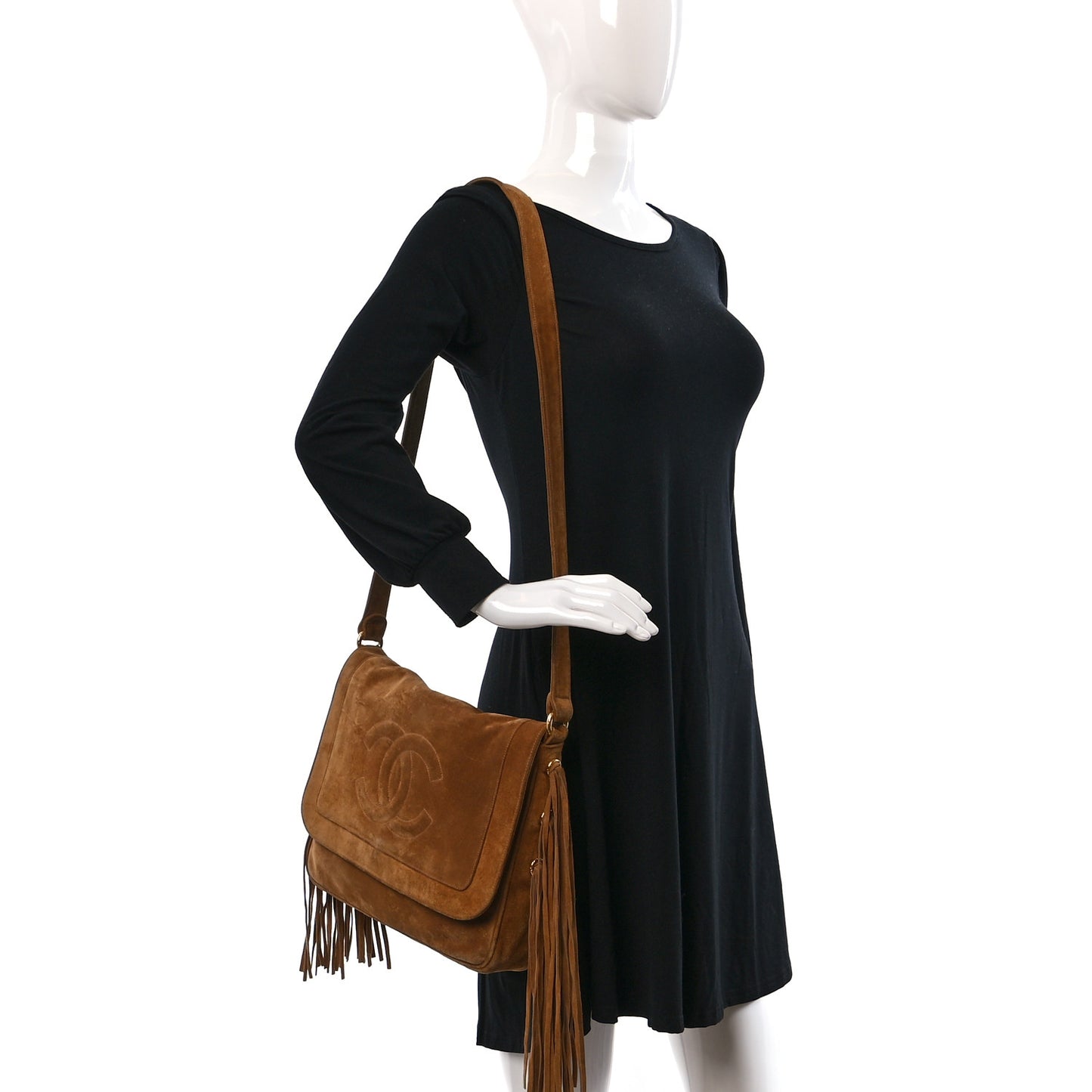 Suede CC Fringe Messenger Flap Bag Brown