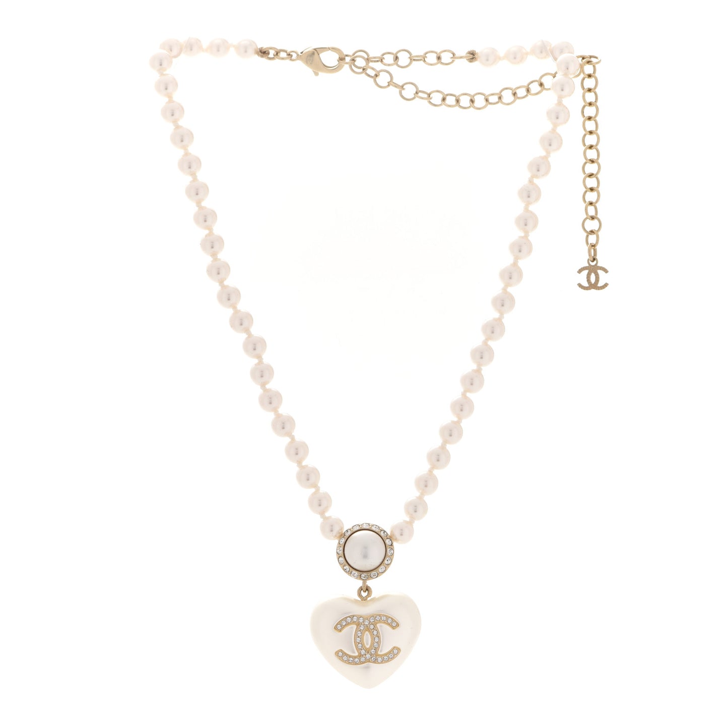 Pearl Crystal CC Heart Short Necklace Pearly White Gold