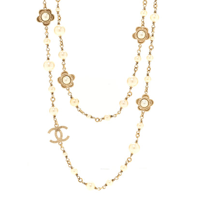 Chanel Pearl Bead CC Flower Long Necklace Gold 4 of 5
