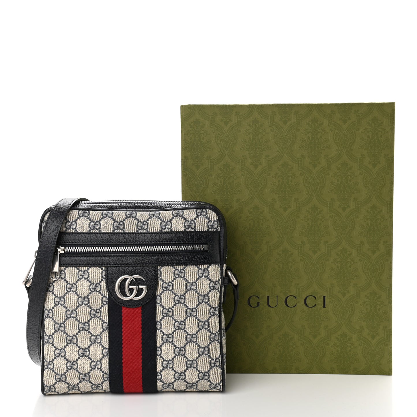 GG Supreme Monogram Textured Dollar Calfskin Web Small Ophidia Messenger Bag Beige Blue