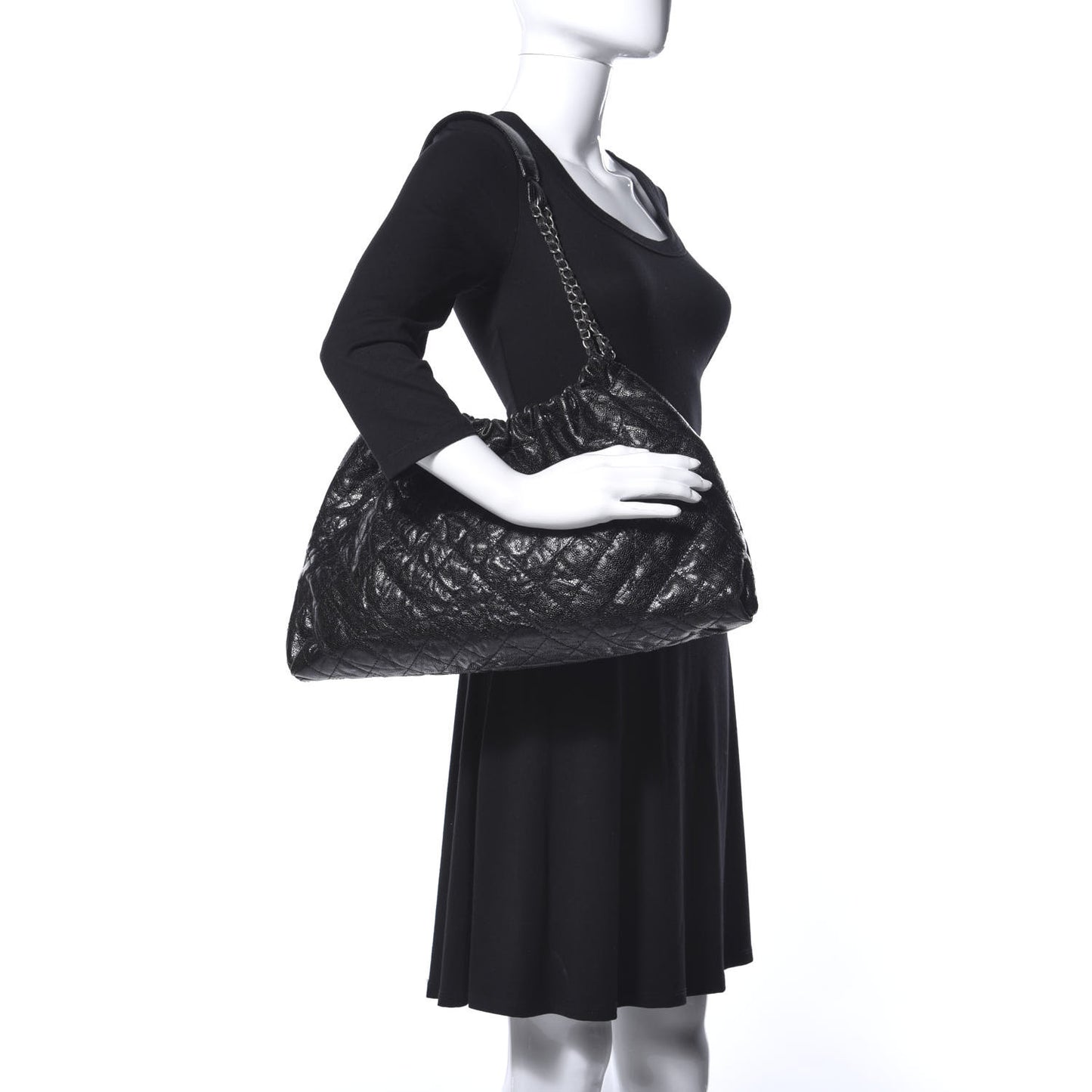 Caviar Quilted Medium Elastic Shopping Tote Black