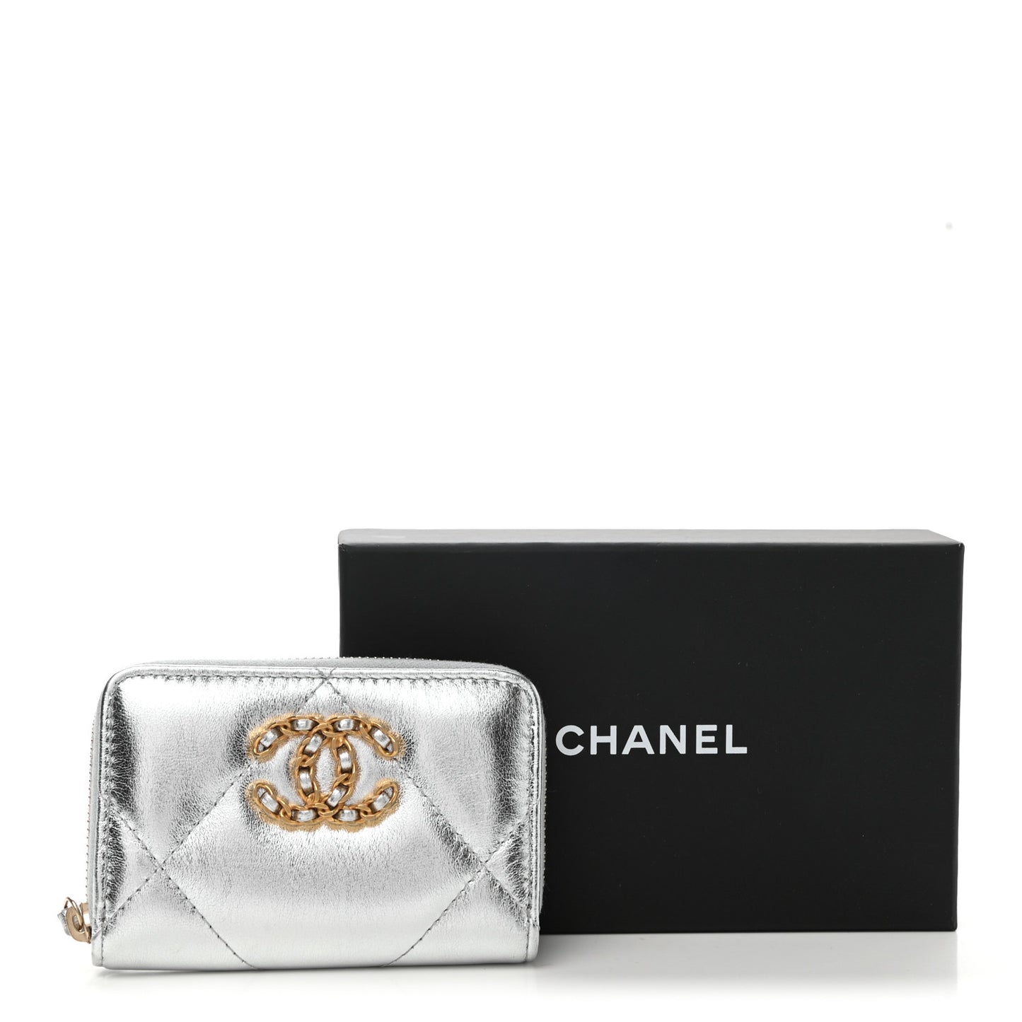 Metallic Lambskin Quilted Chanel 19 Zip Around Coin Purse Wallet Silver