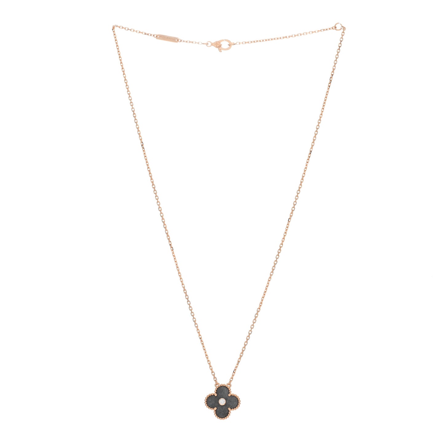 18K Rose Gold Diamond Silver Obsidian Vintage Alhambra Pendant Necklace