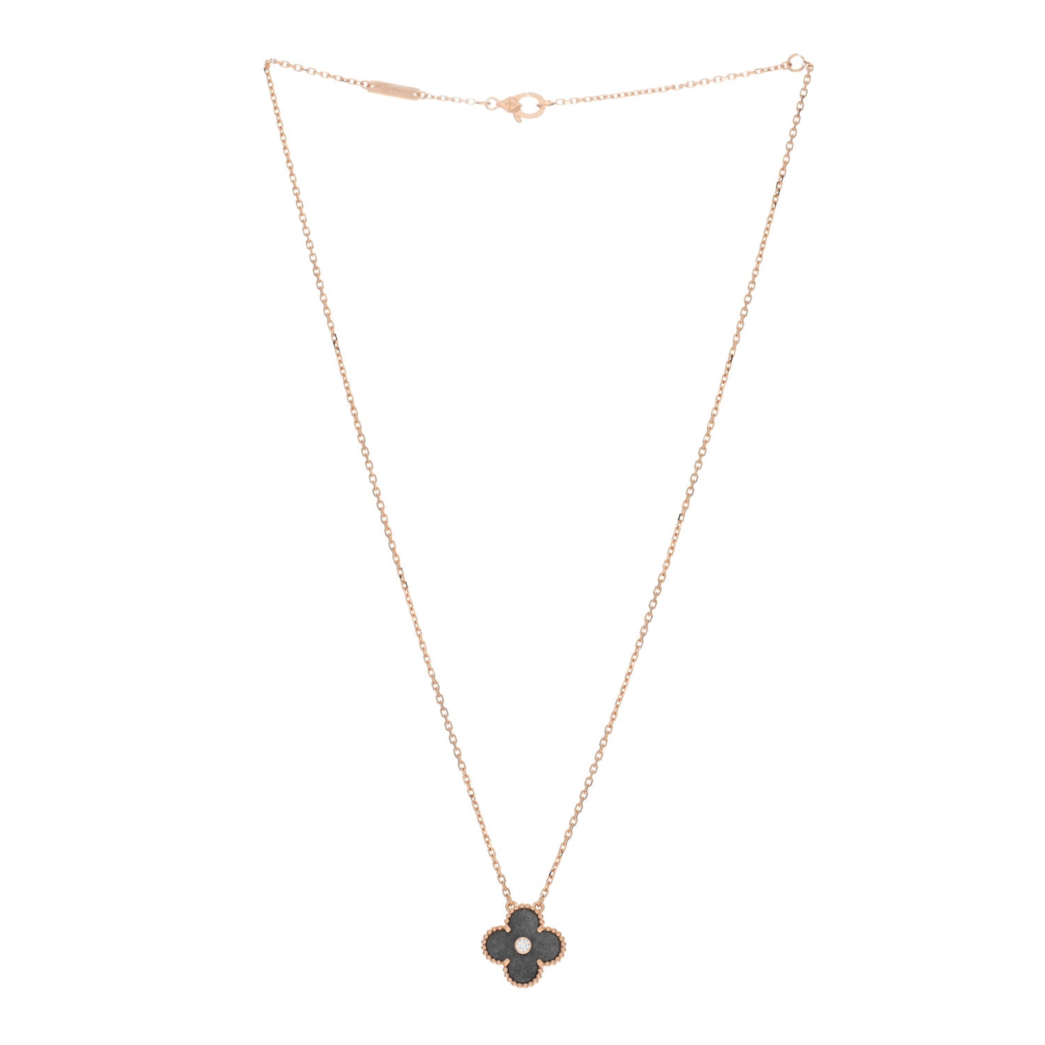 Van Cleef & Arpels 18K Rose Gold Diamond Silver Obsidian Vintage Alhambra Pendant Necklace 3 of 4