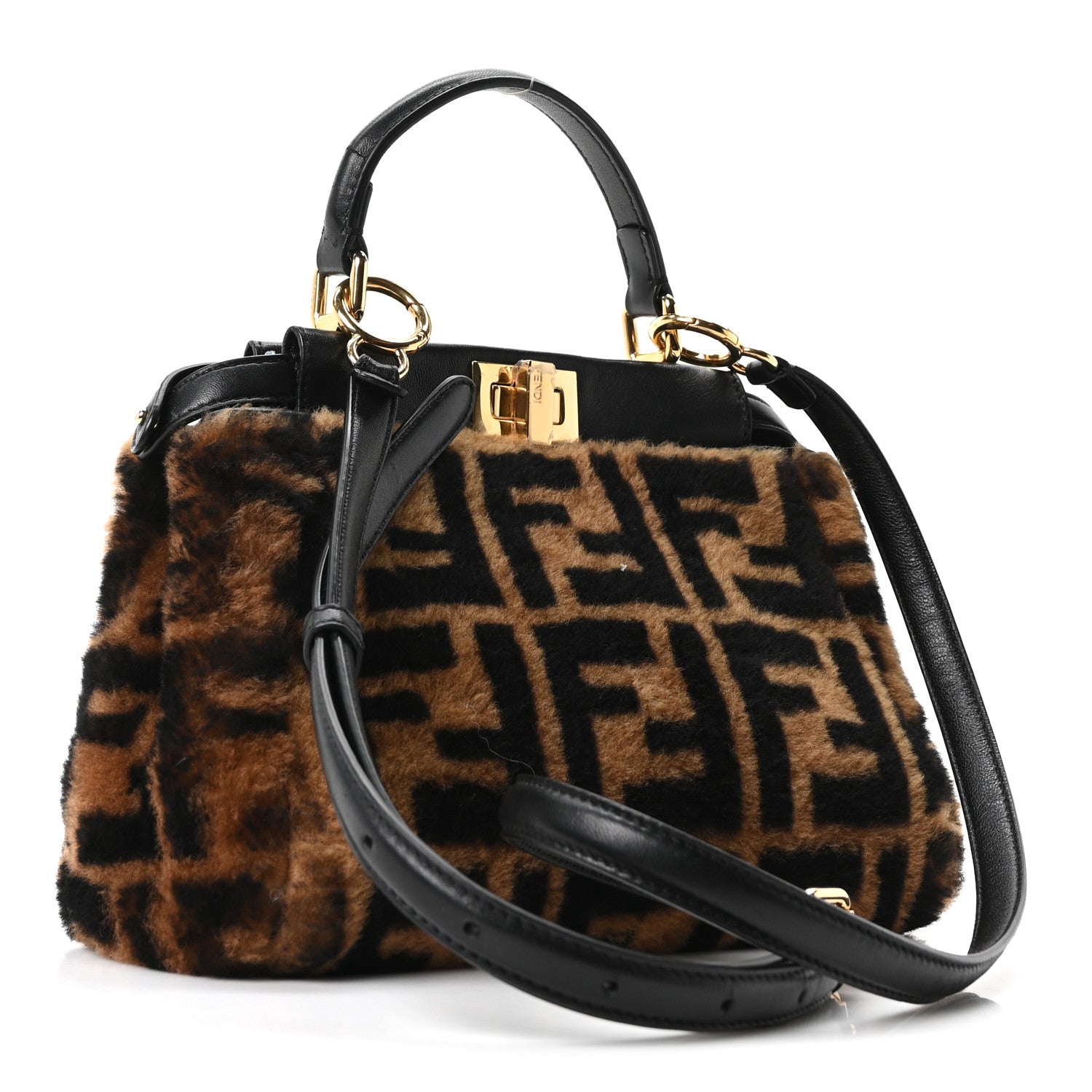 Fendi Shearling Nappa Macro FF 1974 Mini Peekaboo Iconic Satchel Tobacco Black 3 of 10
