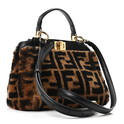 Fendi Shearling Nappa Macro FF 1974 Mini Peekaboo Iconic Satchel Tobacco Black 3 of 10