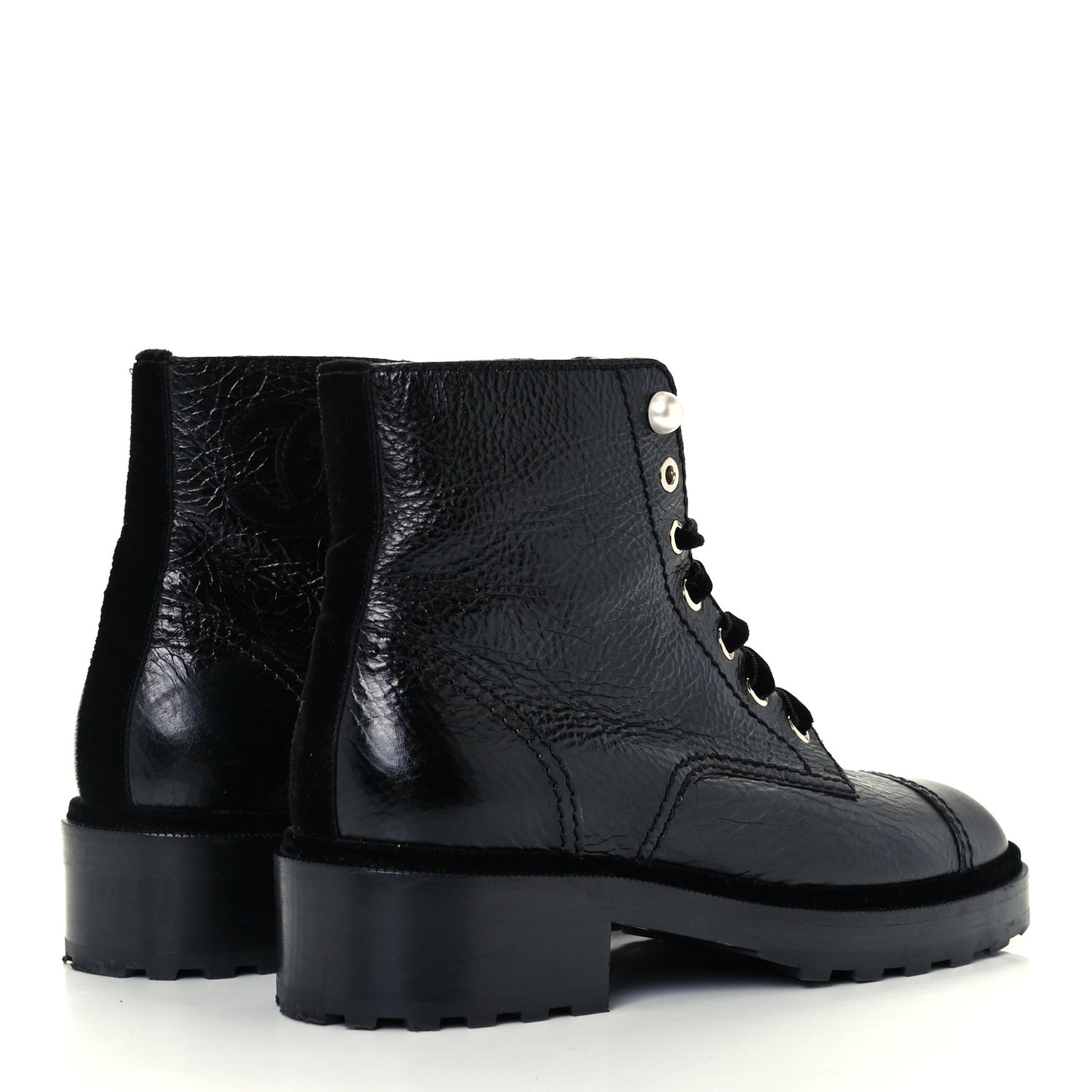 Shiny Calfskin Velvet Pearl Combat Short Boots 39 Black