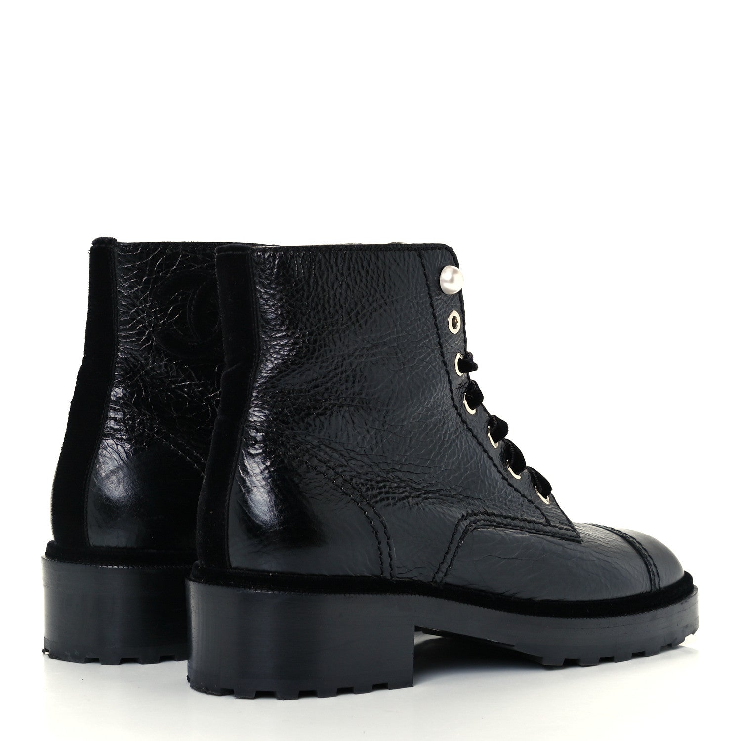 Chanel Shiny Calfskin Velvet Pearl Combat Short Boots 39 Black 4 of 10