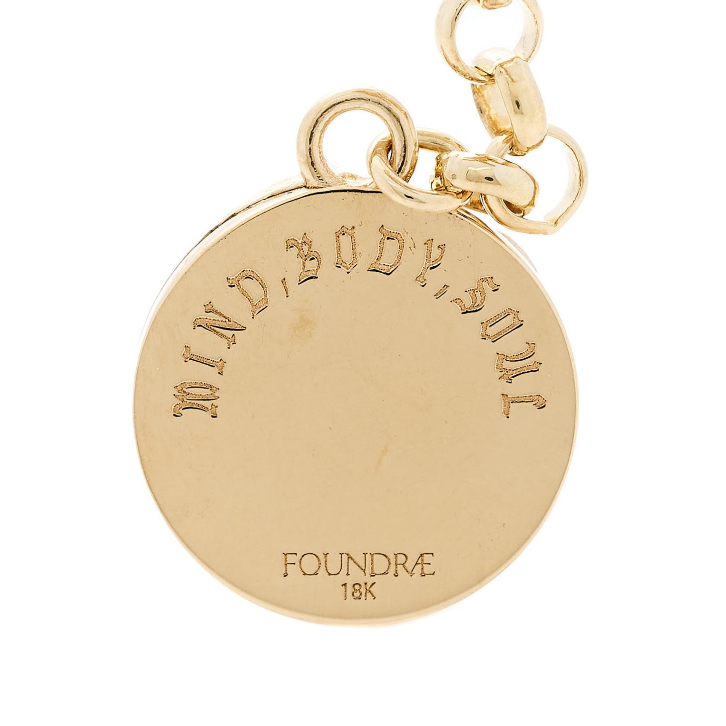 18K Yellow Gold Diamond Mind Body Soul Wholeness Small Karma Mini Coin Mixed Belcher Extension Chain Necklace