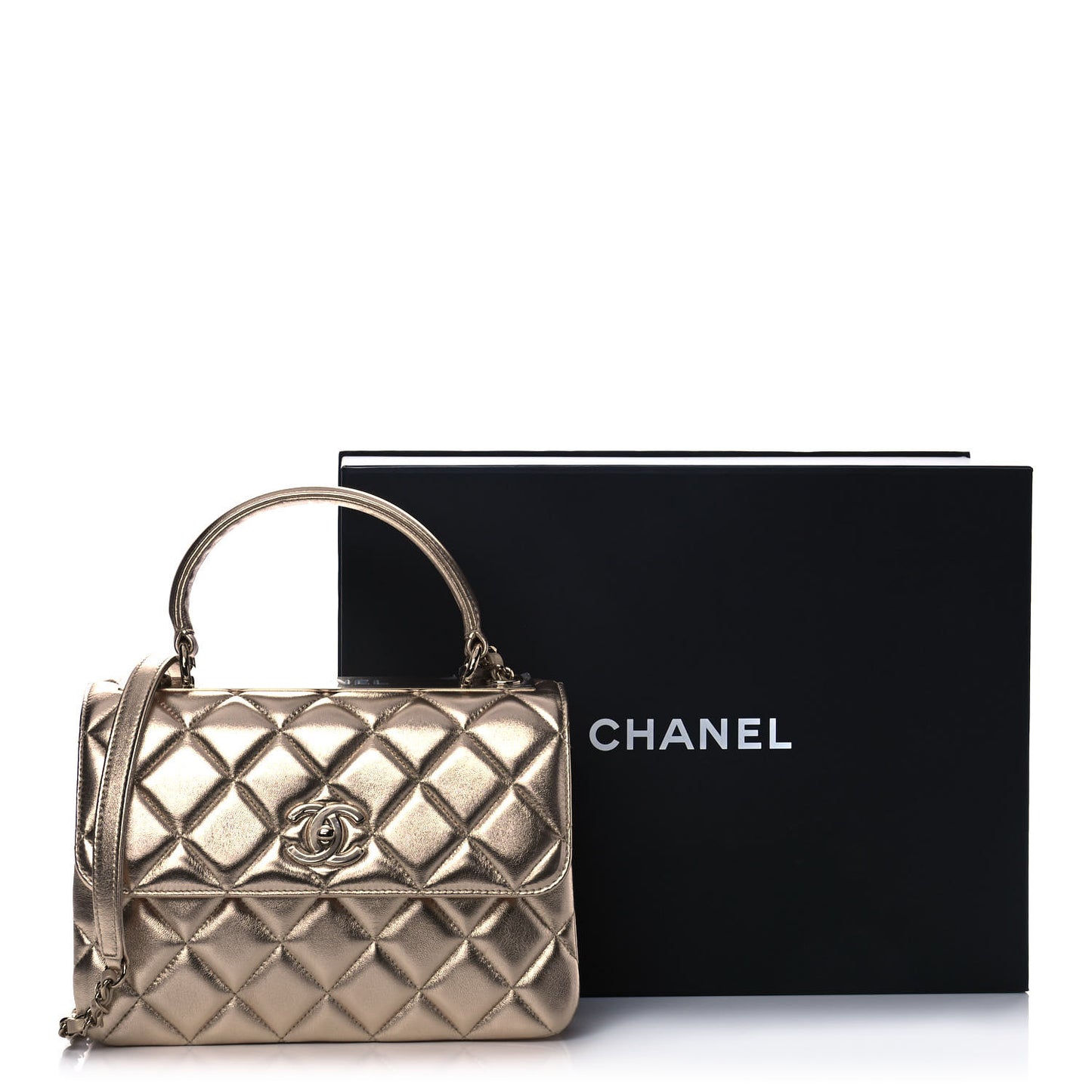 Metallic Lambskin Quilted Small Trendy CC Flap Dual Handle Bag Gold