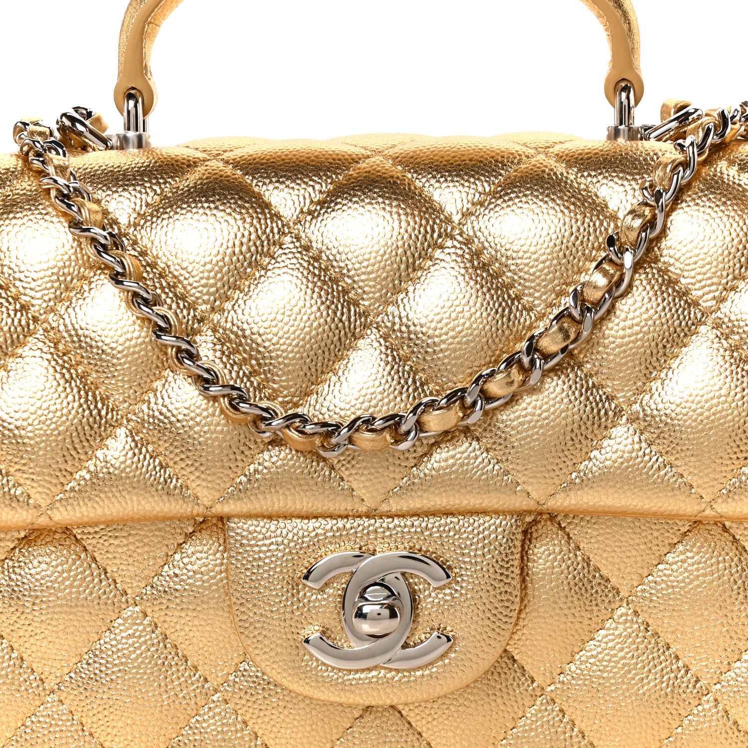 Chanel Metallic Caviar Quilted Top Handle East West Flap Gold