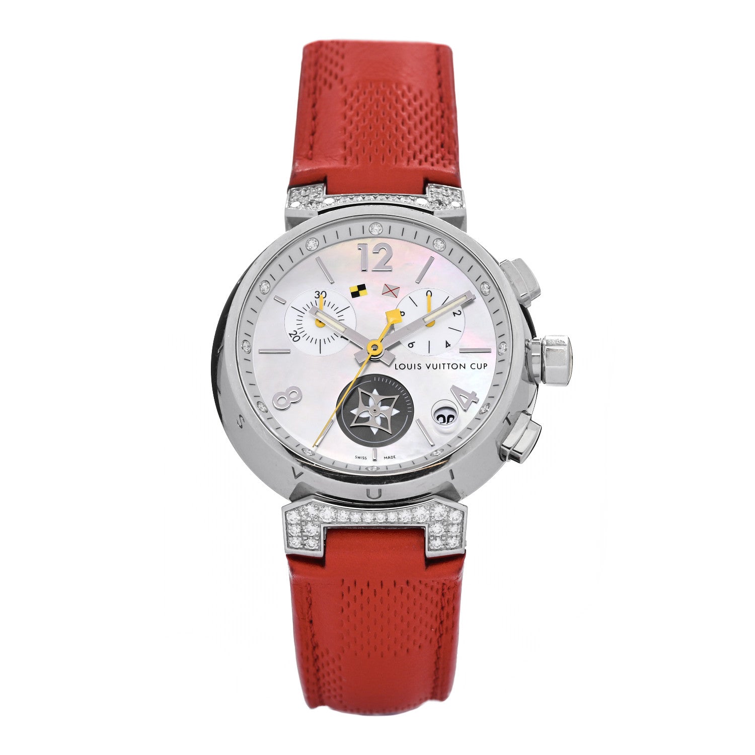 Louis Vuitton Stainless Steel Calfskin Diamond Mother of Pearl 39mm Tambour Lovely Cup Quartz Watch Red 1 of 4